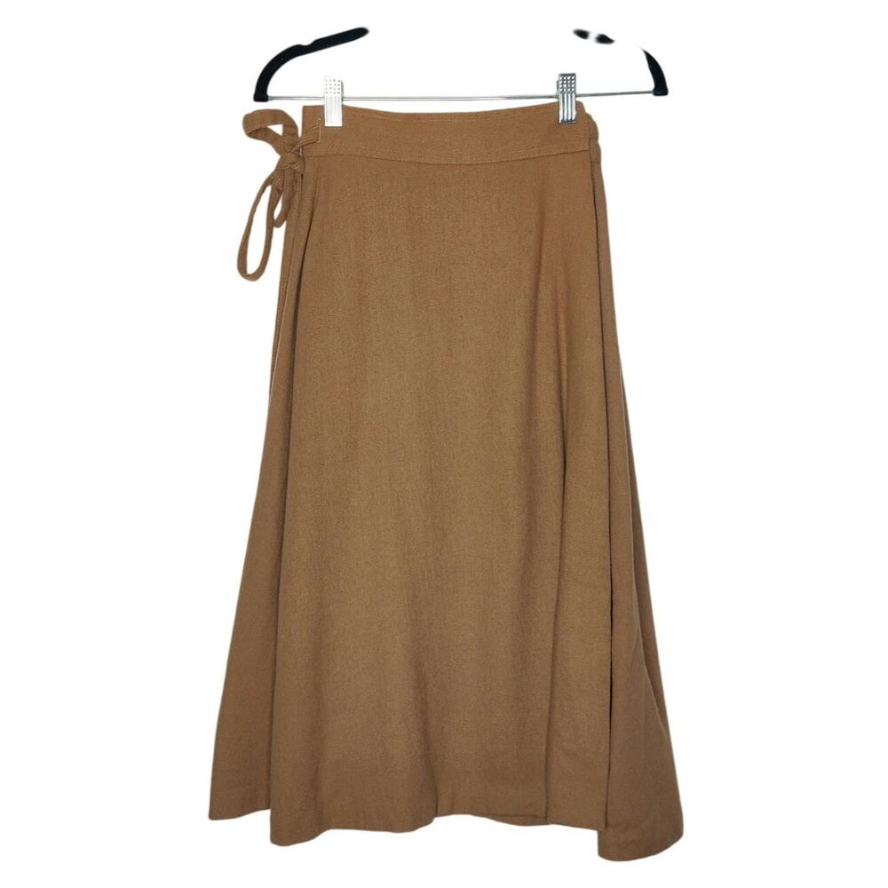 Vintage Wool Blend Camel Tan Wrap Midi Skirt XS Small Minimalist Parisian Chic